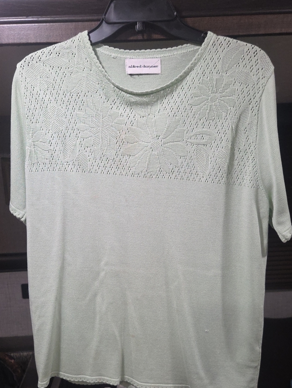 Alfred Dunner Mint Green Short Sleeve Knit Top with Floral Openwork Yoke